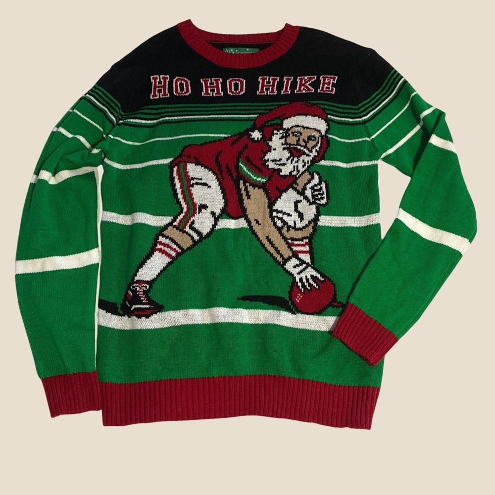 Ugly Christmas Sweater Mens Large Ho Ho‎ Hike Football Santa Graphic Knit Green